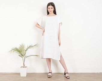 Caftan en lin blanc, KA02-LI01, robe Caftan, Kaftan, robe taille plus, robe ample en lin, robe blanche en lin, coupe en lin caftan, vacances