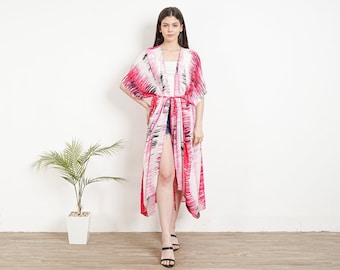 Kimono tie dye robe, KI01-RA22 Pink-White kimono robe, tie dye kimono cover up, elegant robe, beach cover up, loose fit vacation kimono