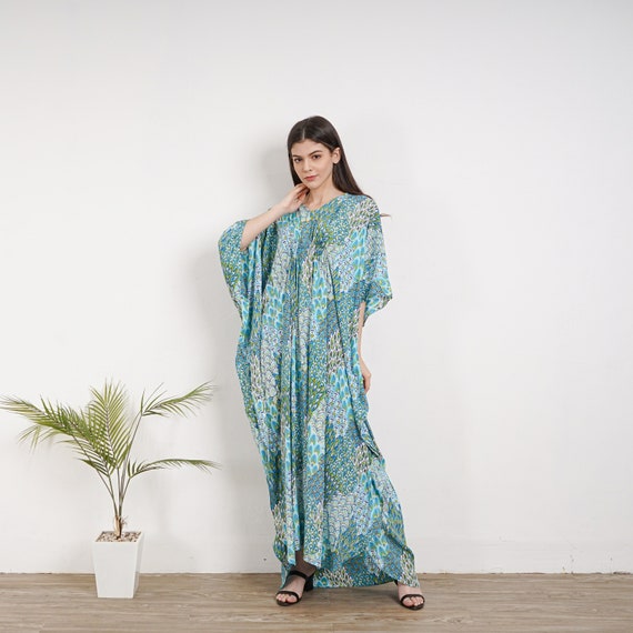 sachin and babi light blue dress Green Motif Hand Printed Caftan, KA04-RA05, Caftan Dress, Kaftan Dress, Stylish, Elegant, Miami, Lbiza, Holiday Dress, Evening Dress, Loose