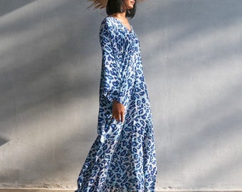 Leopard Caftan,KA01 leopard blue, Caftan dress, Kaftan, plus size dress, stylish, Elegant, lbiza,Holiday Dress,Evening dress,loose fit,