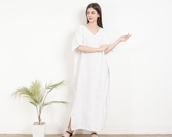 Caftan en lin blanc, KA03-LI01, robe Caftan, Kaftan, robe taille plus, robe ample en lin, robe blanche en lin, coupe en lin caftan, vacances