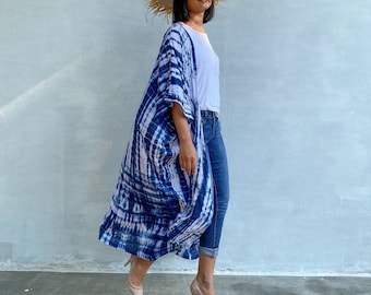 Blue kimono tie dye robe, blue kimono robe, beach kimono coverup, stylish, Elegant, tie dye duster, beach cover up,loose fit vacation kimono