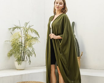 Kimono hand dyed robe, KI01- army green kimono, tie dye kimono cover up, stylish, Elegant, robe, beach cover up,loose fit vacation kimono