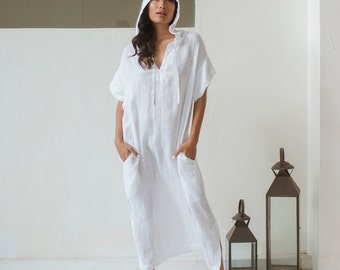 Caftan de gaze de lin blanc, CA01, robe Caftan, robe Kaftan plus taille, robe ample en lin, robe blanche en lin, coupe caftan lin ample, vacances