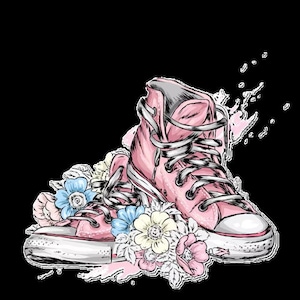 May include: Pink high-top sneakers with white laces and a white rubber sole, surrounded by a cluster of colorful flowers.