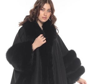 Winter clothing for women, Black cashmere cape with fox fur trim, cape women, Cozy cape for women, Cashmere cape, cape with real fox fur