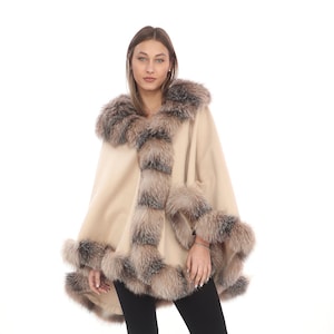 Beige Cashmere Cape: Frost Fox Fur Trim, Cozy Winter Poncho