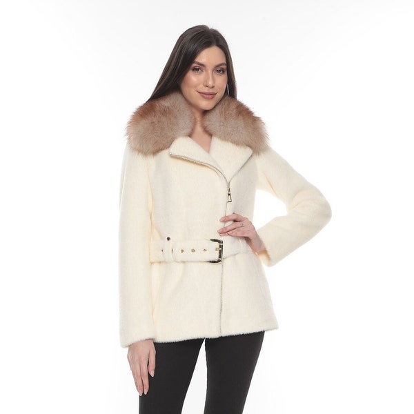 So Chic Alcantara Coat Genuine Fox Fur,  Alcantara Coat with Genuine Fox Collar Amazing Quality Real Fox Fur Jacket