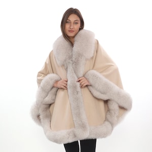 Cashmere Cape with Fox Fur Trim - Beige Poncho - Free Size