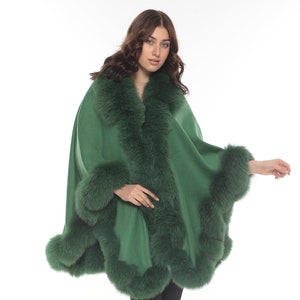Valentine’s Day Gift Winter Green Cashmere Cape with natural fox fur trimmed, Cozy cape for women, Cashmere cape,Cape cape with real fox fur