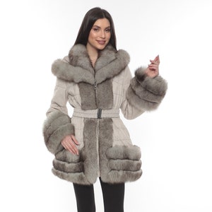 Women Down Gray Jacket with Natural Fox Fur Trim, Winter Hoodie Coat, Gift for Lady, Women Stylish and Luxury Jacket