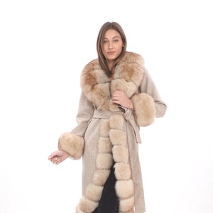 Luxury Winter Beige Handmade Fox Fur Trim Coat, Alpaca Wool Jacket Whit High Quality Fox Fur Trim, Fashion winter Alpaca jackets women