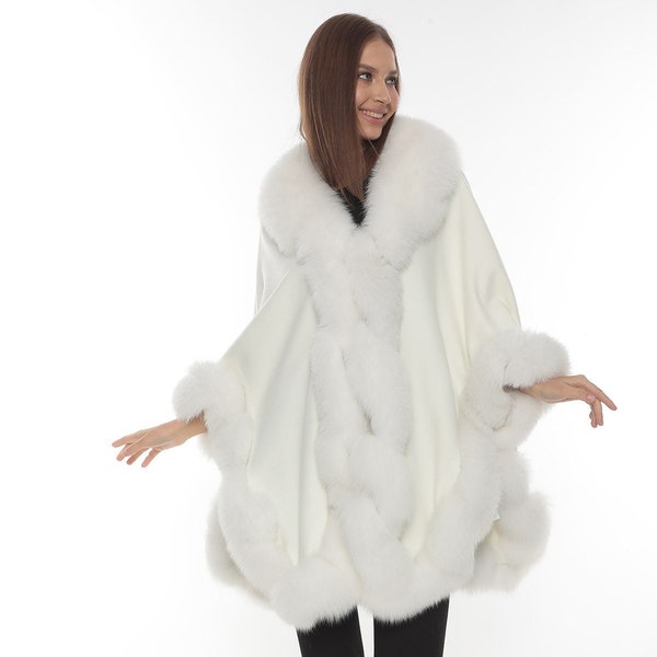 White fox fur cashmere cape with WhIite Fox fur trimmed, Stylish cape with real fox fur, Free Size For all