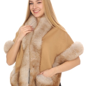 Camel Color Cashmere Cape, Cape With Pockets, Women’s Warm cape, Fox Fur cape, Winter  Cape With Fox Fur Trim, STD Size For All.