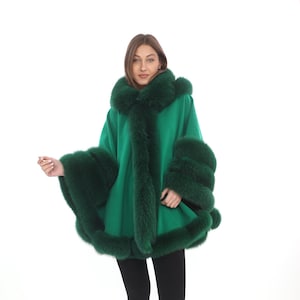 Green Cashmere Cape: Removable Hood, Fox Fur Trim