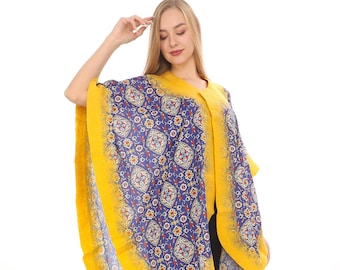 Scialle dal design turco 100% lana merino con bordo gelso, involucro a scialle in lana feltrata e seta, stile poncho caftano, lana e seta, taglia unica