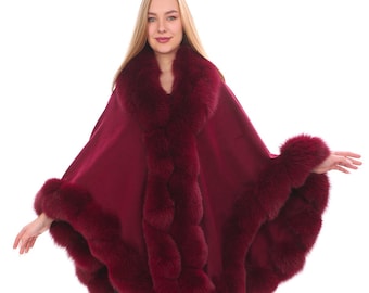 Impresionante capa de invierno de cachemira de color burdeos con ribete de piel de zorro, tamaño STD para todos,