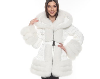 Women Down  White Jacket with Natural Fox Fur Trim, Winter Hoodie Coat, Gift for Lady, Women Stylish and Luxury Jacket, fox fur