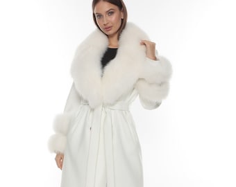 Winter White Cashmere  Coat  White Fox Collar and Cuffs  Women Stylish  Fox fur trimmed  Luxury Coat All size