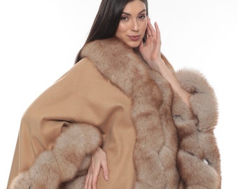 Cashmere Cape Fox Trim Poncho, women’s poncho, Fox fur poncho, fall poncho, winter coat, fur coat, cape, shawl, winter cape, winter scarf,