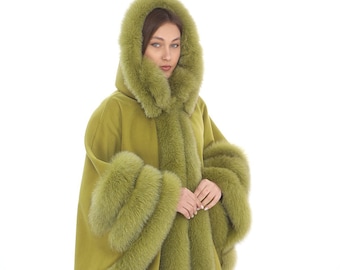 Cashmere Cape with Fox Fur Trim - Removable Hood Poncho