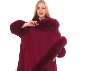 Burgundy Cashmere Winter Cape with Fox Fur Trim
