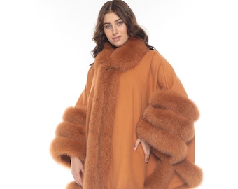Capa de cachemira naranja de invierno con piel de zorro natural recortada, capa acogedora para mujer, capa de cachemira, capa de capa con piel de zorro real, tamaño libre