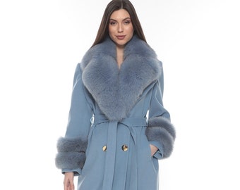 Ice Blue Cashmere Coat,  Ice Blue Fox Collar and Cuffs,  Women Stylish  Fox fur trimmed,  Luxury Coat All size