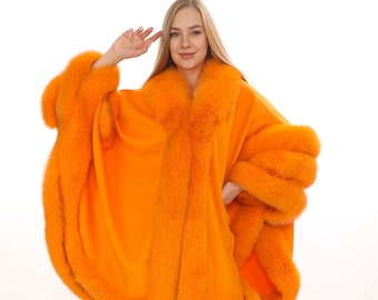 Orange Cashmere Cape Fox Trim Poncho, poncho de mujer, poncho de piel de zorro, poncho de otoño, abrigo de piel de invierno, capa, chal, capa de invierno, bufanda de invierno,
