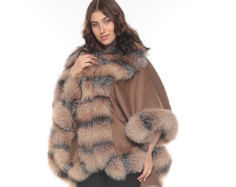 Camel Color Cashmere Cape Real Fox Fur Trim, Cape With Fur, Free Size, poncho, winter coat, fur coat, cape, shawl, winter cape, winter scarf