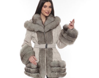 Women Down Gray Jacket with Natural Fox Fur Trim, Winter Hoodie Coat, Gift for Lady, Women Stylish and Luxury Jacket