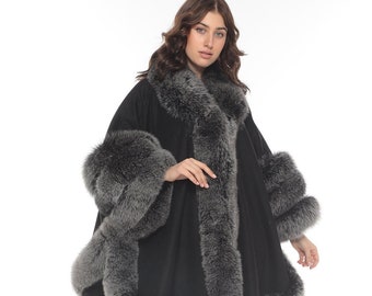 Black Cashmere Cape With fox fur trim, Winter Clothing For Women, Winter poncho cape  women, poncho, Best Valentine’s Day Gift