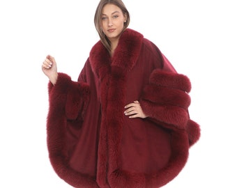 Burgundy Cashmere Poncho: Winter Cape with Fox Fur Trim