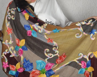 Wool Shawl – Hand Embroidered Silk Flowers, Soft Scarf Wrap