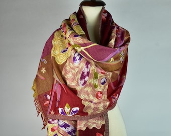 Merino wool embroidered scarf, wool scarf women handmade, winter scarf wrap, Free Shipping, 25 x 69 Inch.