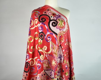 Red Merino Wool Shawl, Wool Shawl Wrap, Embroidered Shawl, Woolen Shawl Wrap, Women Wool Shawl, 25 x 69 Inch