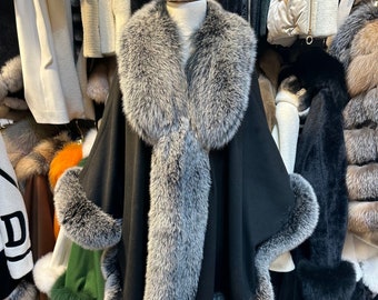 Black Cashmere Cape: Gray Fox Fur Trim, Cozy Winter Poncho