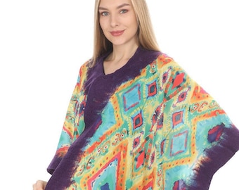 Scialle in lana merino ikat: Poncho caftano in seta infeltrita