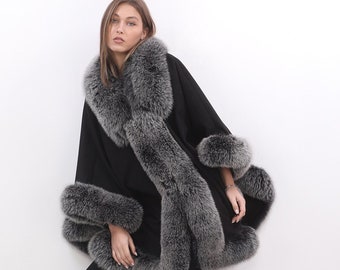 Black Cashmere Cape: Fox Fur Trim Poncho