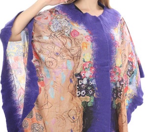 Poncho in feltro di lana fatto a mano: Kimono in seta viola, Klimt Art