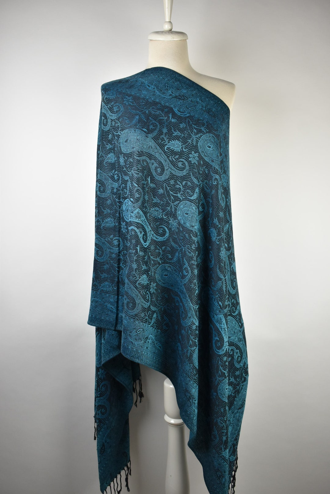 Châle Pashmina Imprimé Tortues De Mer - 197x72 Cm - Imitation Laine Douce - Pour Soirée, Mariage, Hiver