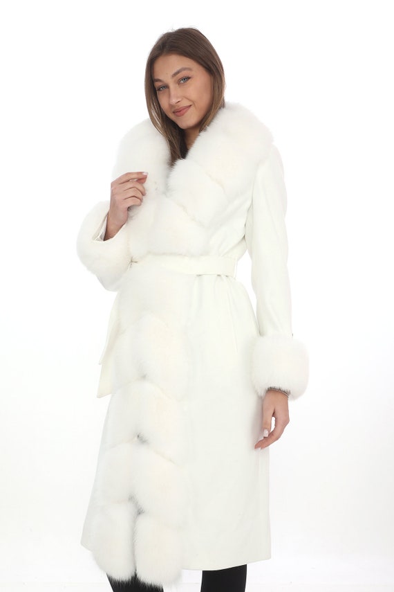 White Cashmere Coat: Fox Fur Collar Cuffs, Luxury Winter Coat