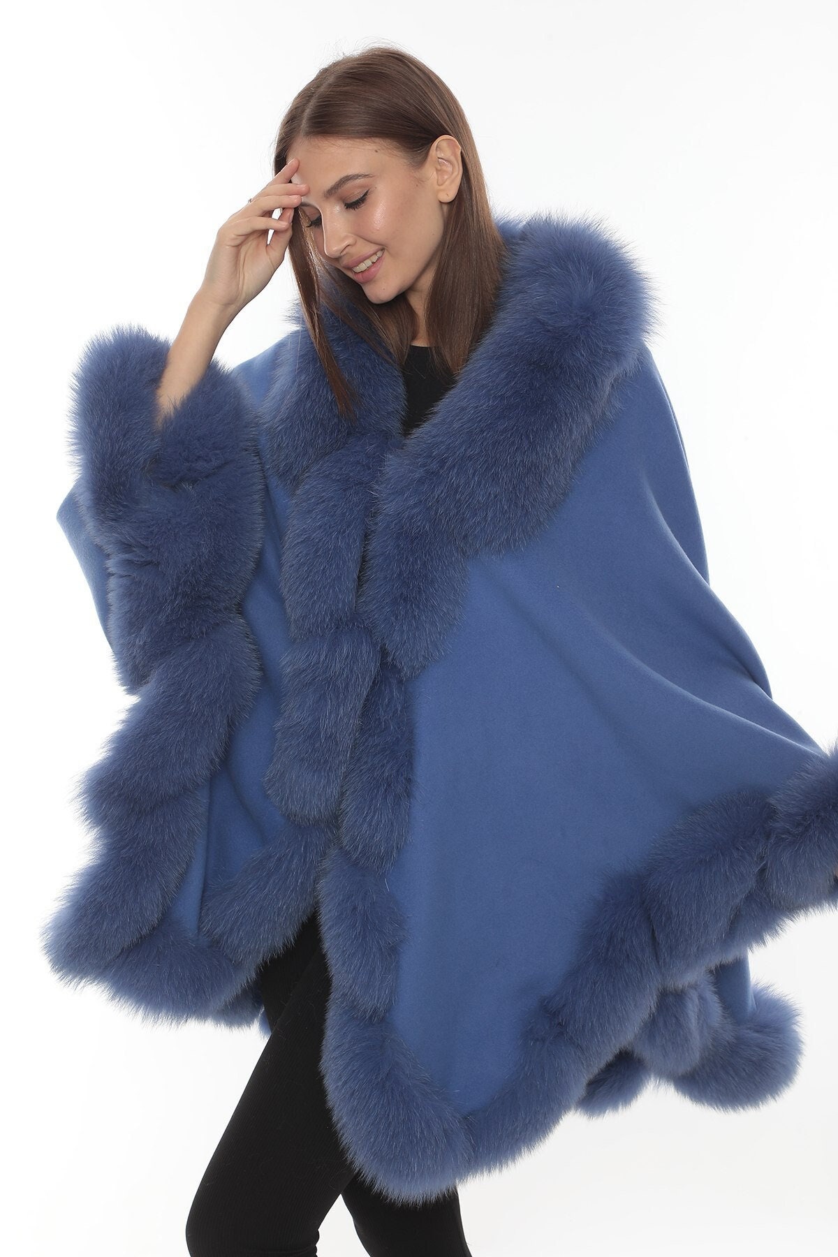 ジャケット・アウター Cashmere Brend Blue Fox fur Poncho Cape Blue Cashmere Cape With Fox Fur Trim, Cozy Cape With Real Fur