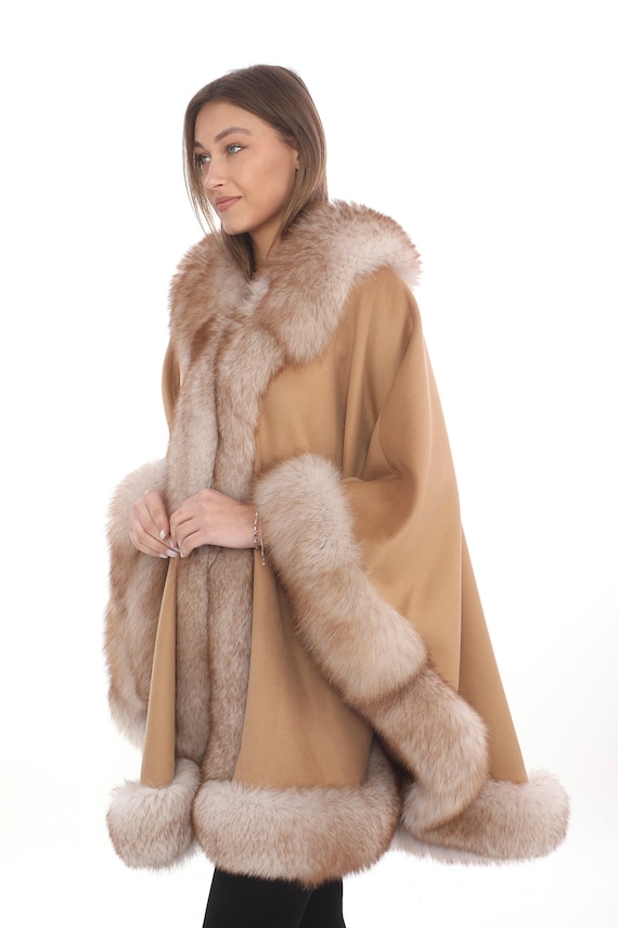 Camel Cashmere Cape: Fox Fur Trim Poncho - Etsy