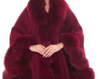 Stunning Burgundy Cashmere Winter Cape With Fox Fur Trim