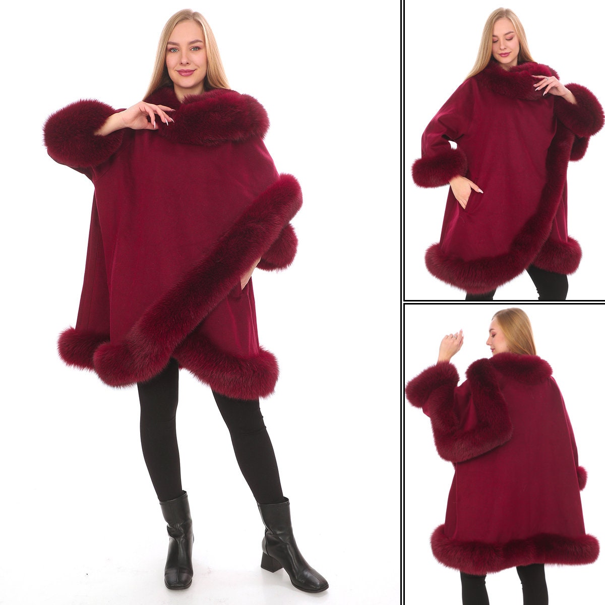 ファー付きバーガンディケープコート ファックス カシミヤ Filomo