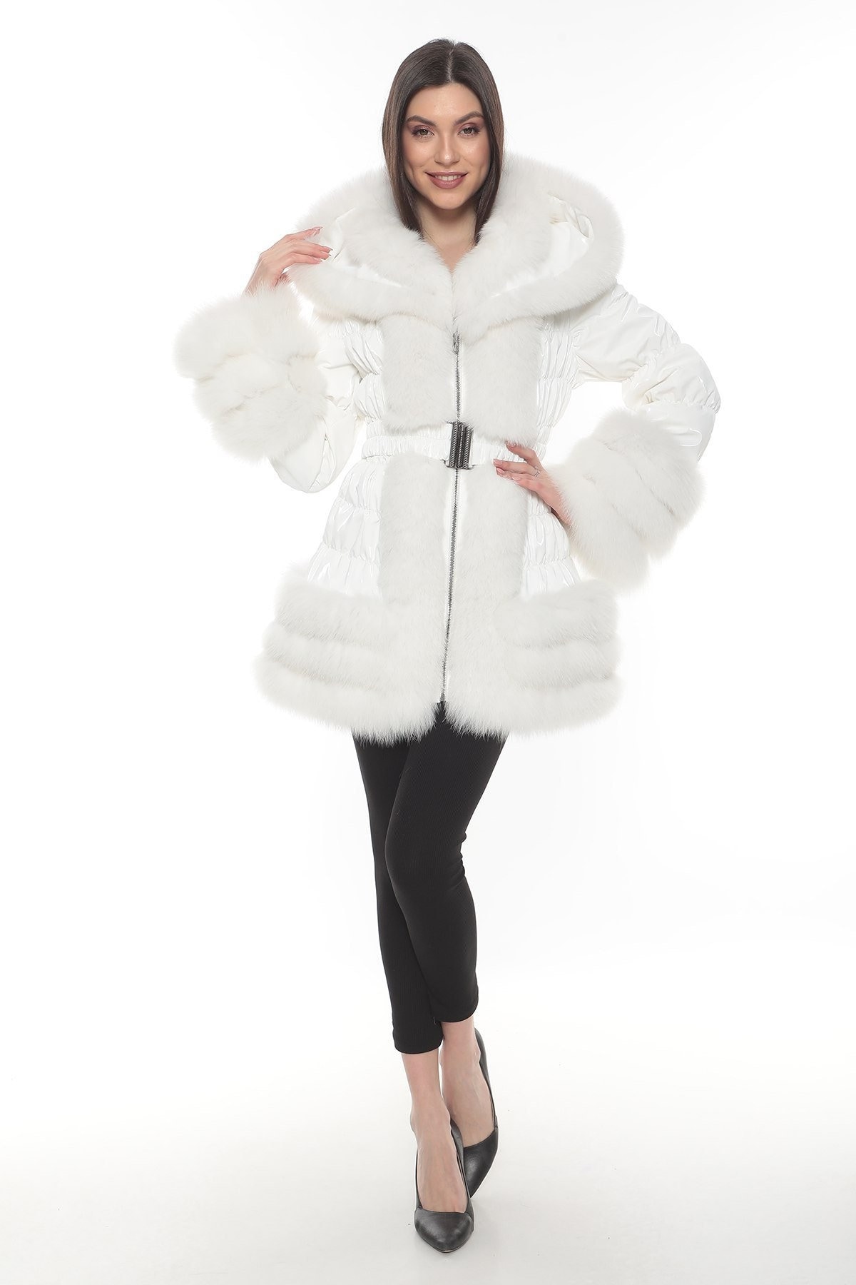 Women Down White Jacket With Natural Fox Fur Trim, Winter Hoodie