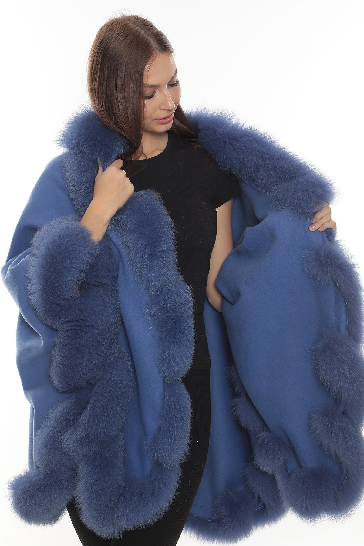 Blue Cashmere Cape With Fox Fur Trim, Cozy Cape With Real Fur