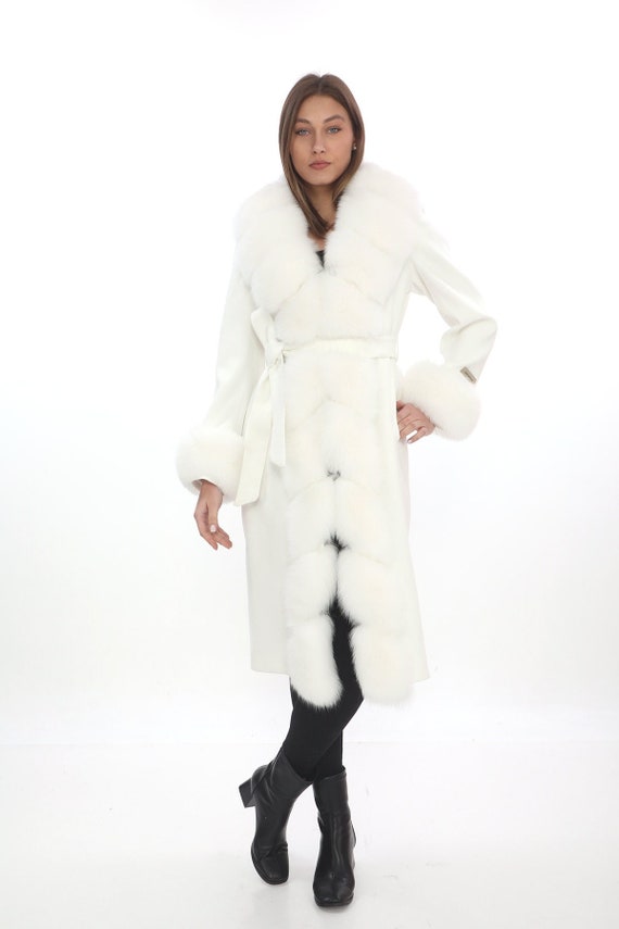 Cashmere Coat White Long Coat Women White Cashmere Coat: Fox Fur