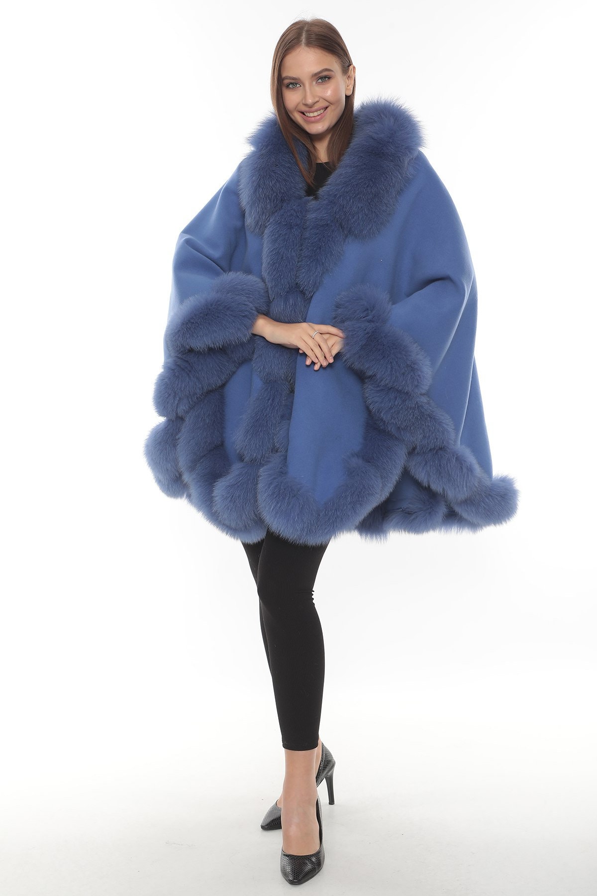 Blue Cashmere Cape With Fox Fur Trim, Cozy Cape With Real Fur